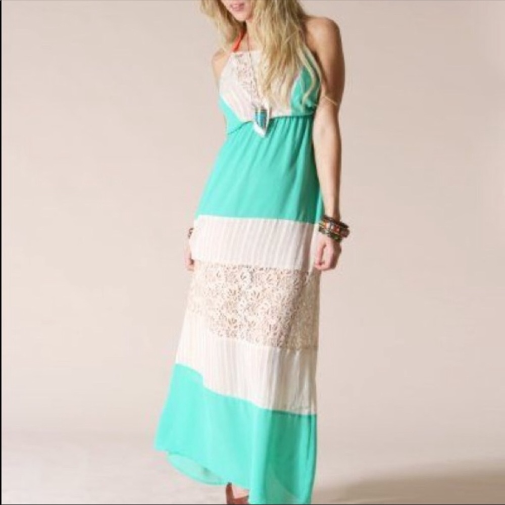 Flying Tomato Turquoise and White Lace Maxi Dress